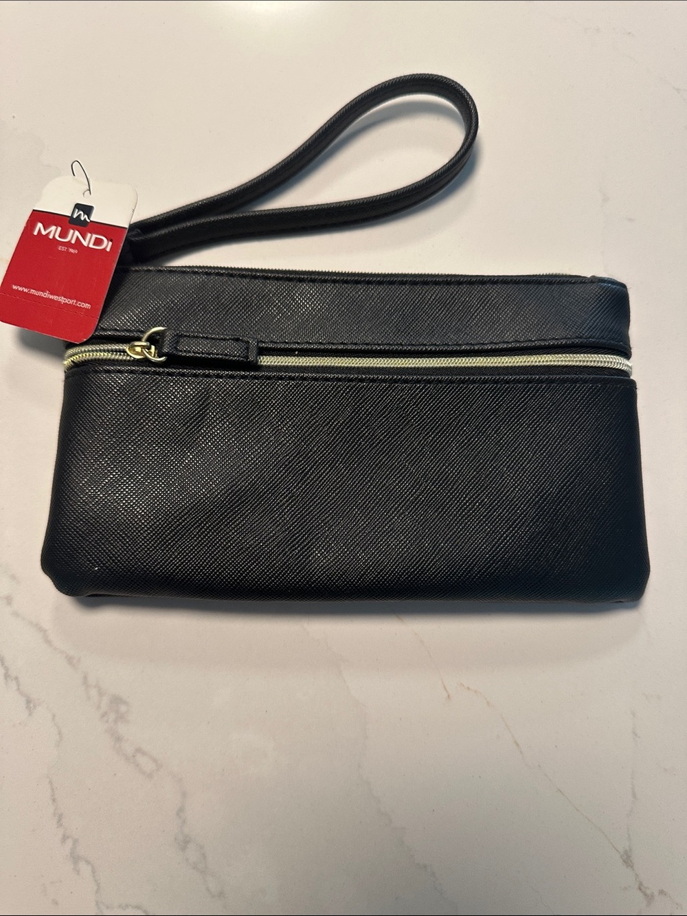 NWT- Mundi Black Wristlet Toiletry Bag with Gold Zipper Accent And Front Pocket